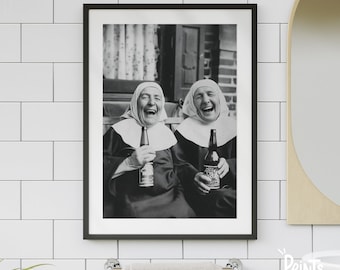 Nuns Drinking Beer, Funny Vintage Photography, Black and White Wall Art, Humorous Retro Decor | Instant Digital Download