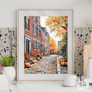 Boston Art Print, Acorn Street, Massachusetts, Boston Travel Poster, Beacon Hill Painting, Boston Travel Gift, Instant Digital Download