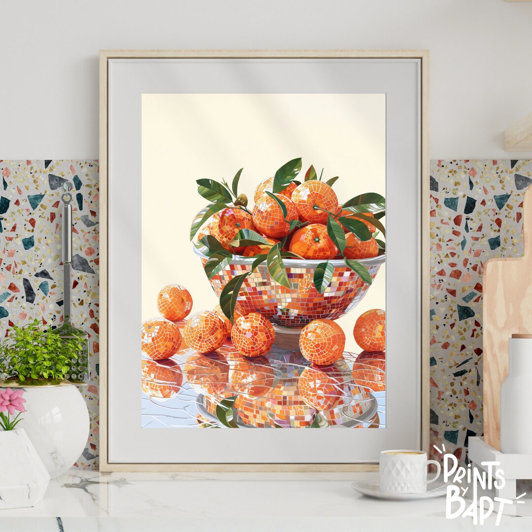 オレンジのボウル、レトロなディスコミラーボールプリント、ウォール