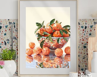 オレンジのボウル、レトロなディスコミラーボールプリント、ウォール