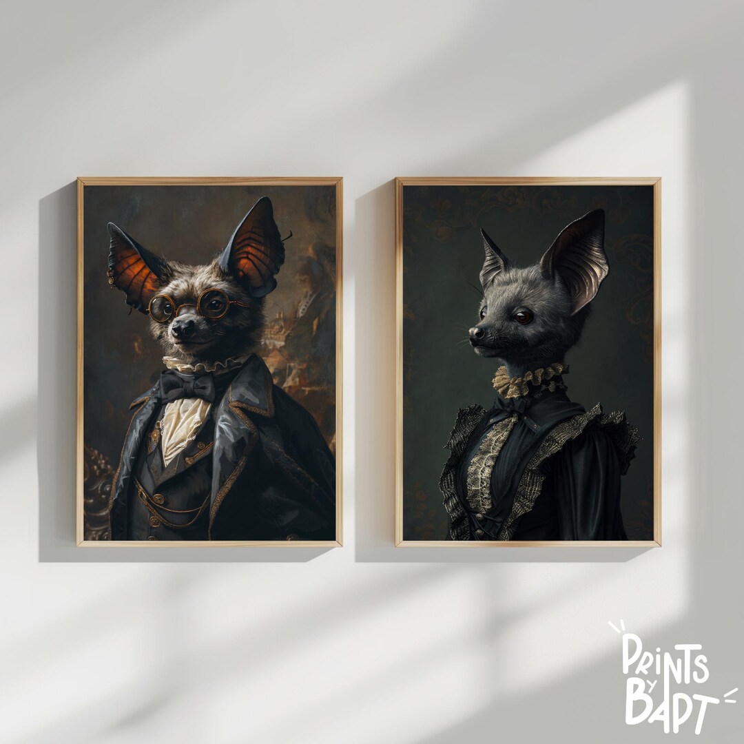 Gothic Bat Couple in Dress, Vintage Animal Art Print, Victorian Bat ...