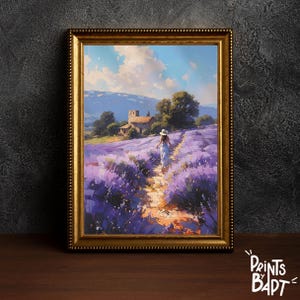 Lavendelfeld-Wandkunstdruck, Frau in der Provence-Landschaft, ruhige Landschaftsdekoration, romantisches Naturkunstwerk, sofortiger digitaler Download