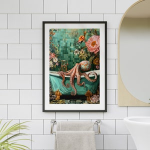 Octopus in a Bathtub Art Print, Maximalist Bathroom Decor, Eclectic Octopus Wall Art, Luxury Bathroom Print | Digital Download