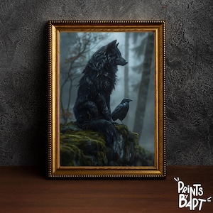 May include: A black wolf sits on a mossy rock in a dark forest. A black crow perches on the rock beside the wolf. The image is framed in a gold frame.