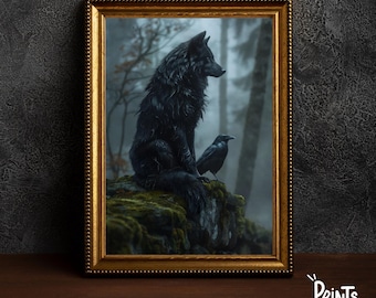 Wolf Raven Art Print, Dark Gothic Decor, Mystical Woodland Scene, Dark Academia, Nature Lover's Wall Decor | Instant Digital Download