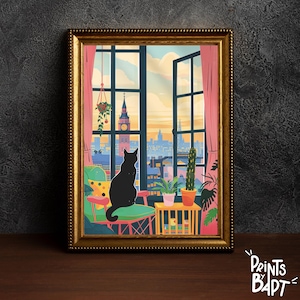 Cat at London Window Illustration, Colorful Cityscape Poster with Big Ben View, Travel Poster, Cat Art Print, Instant Digital Download