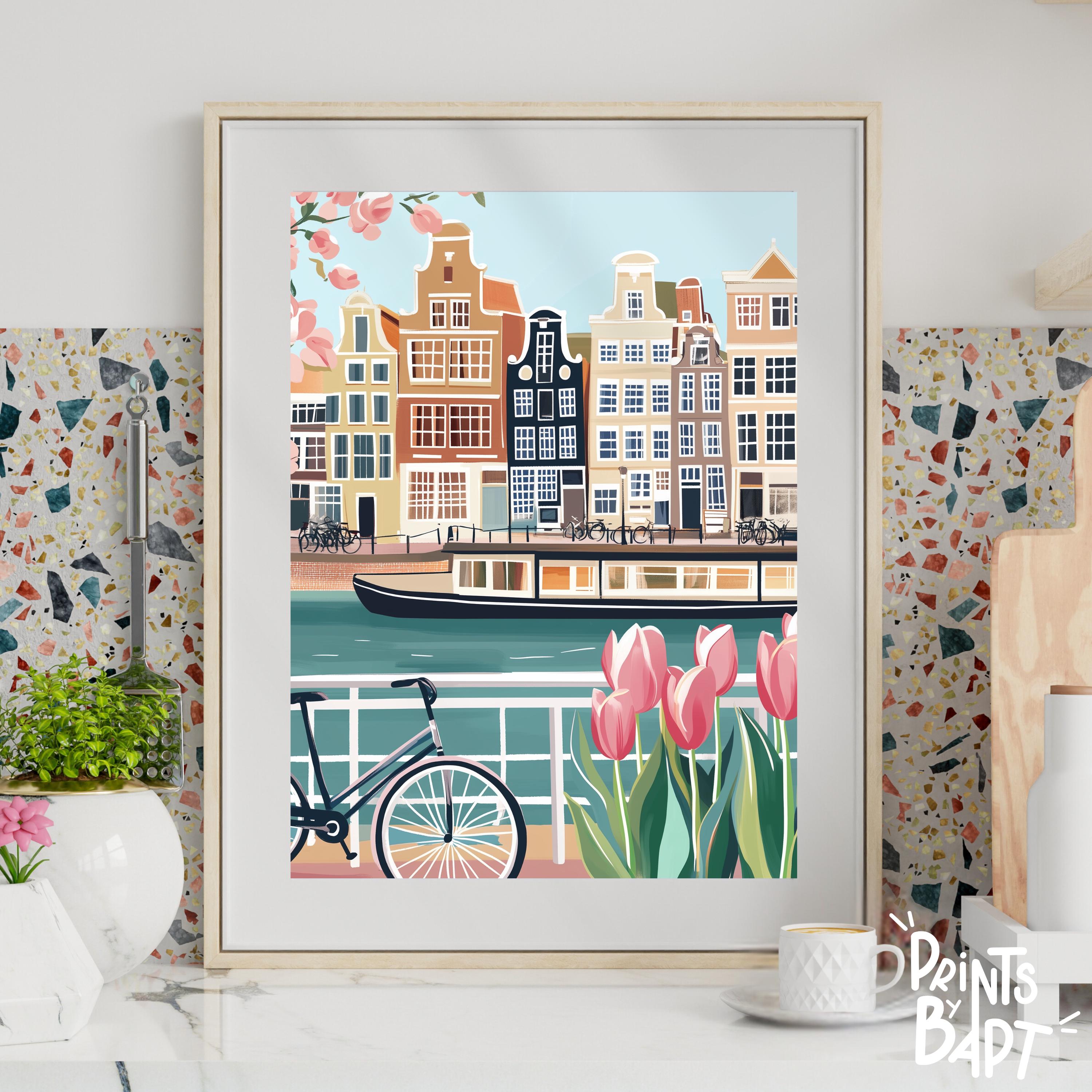 Amsterdam Art Print, Netherlands Wall Art, Holland Tulip Canal Poster ...