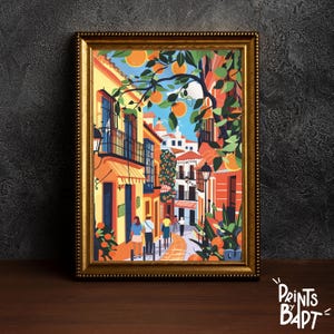 Seville Street Scene Poster, Travel Art Print, Spain Wall Art, Colorful Cityscape Print, Instant Digital Download