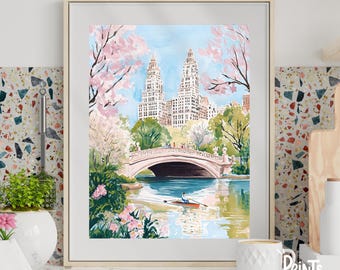 May include: A watercolor painting of a bridge in Central Park, New York City. The bridge is pink and white and has a couple of people walking across it. There are tall buildings in the background and a rowboat in the water.