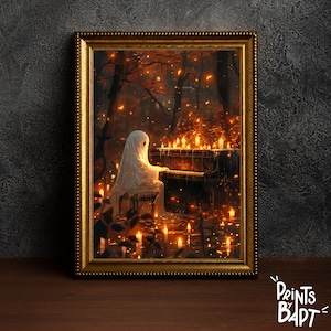 May include: A white ghost playing a piano in a dark forest setting. The piano is surrounded by glowing candles and the ghost is wearing a white sheet. The image is framed in gold.