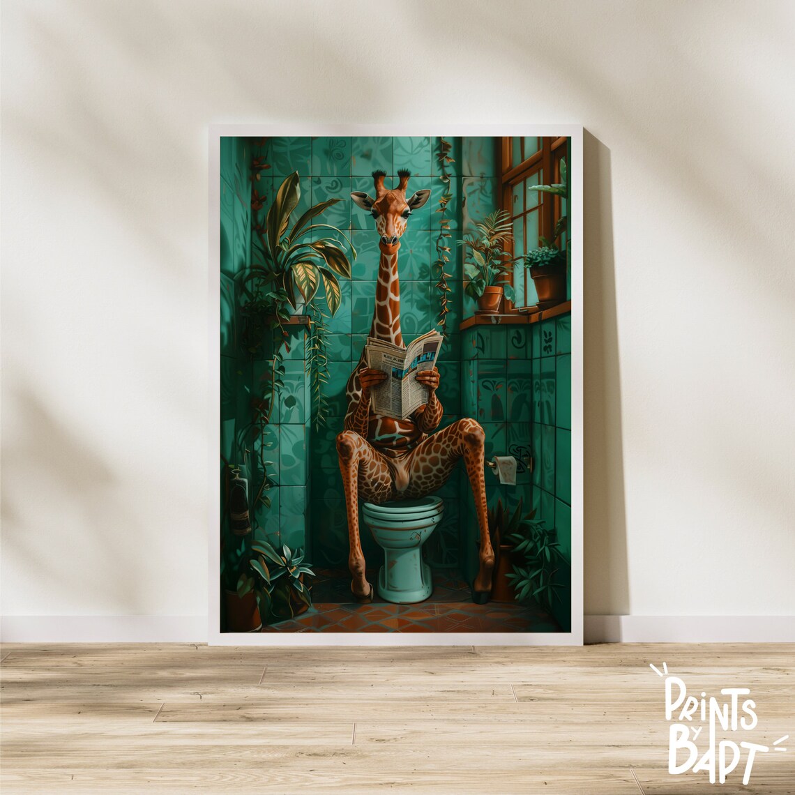 Funny Giraffe in Toilet Print, Vibrant Animal on Toilet Poster ...