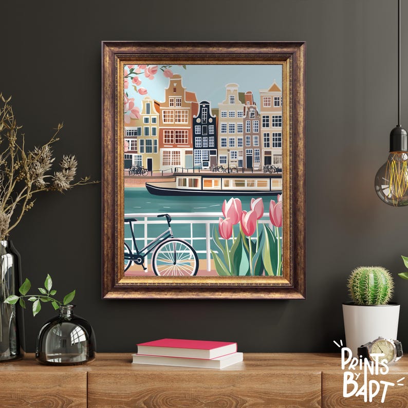 Amsterdam Art Print, Netherlands Wall Art, Holland Tulip Canal Poster ...
