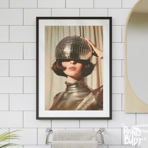 Cartel de cabeza de bola de discoteca, impresión funky disco de los años 70, arte de pared retro, decoración de dormitorio femenino, arte ecléctico, arte preppy de moda / Descarga digital
