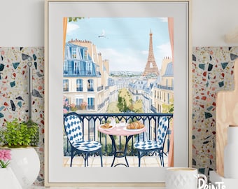 May include: A framed watercolour print shows a Parisian balcony scene with the Eiffel Tower in the background. The balcony has a small table with croissants and coffee, and two chairs with blue and white diamond patterns.