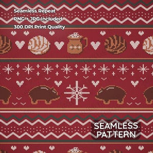 May include: A seamless pattern design in shades of red, brown, and white. The pattern features repeating elements like mugs, hearts, snowflakes, and animal shapes. The text "Seamless Repeat" and "Seamless Pattern" are included.
