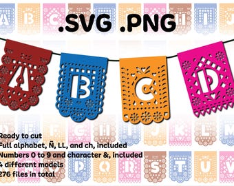 Papel Picado Alphabet Bundle, 4 SVG Models with Printable Letters