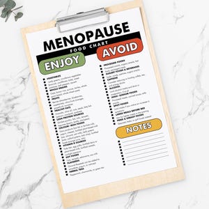 May include: A wooden clipboard holds a printed food chart titled "MENOPAUSE FOOD CHART." The chart lists foods to "ENJOY" in green and foods to "AVOID" in red, with a section for "NOTES." The background is a white marble surface.