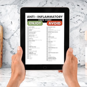 Peut inclure: Une tablette num&eacute;rique affichant un tableau alimentaire anti-inflammatoire. Le tableau liste les aliments &agrave; consommer et &agrave; &eacute;viter pour un r&eacute;gime alimentaire anti-inflammatoire. Le tableau est divis&eacute; en deux colonnes, l'une intitul&eacute;e "Enjoy" et l'autre intitul&eacute;e "Avoid".
