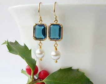 Pearl Drop Earrings with Sapphire Blue Crystals