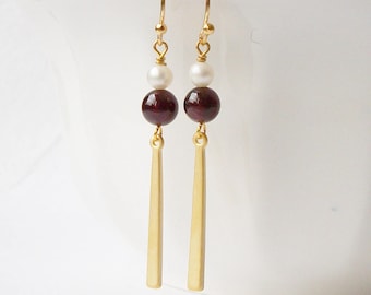 Glass Pearl Earrings with Petite Organic Garnet Drops/ Gold Plated Brass/Lightweight/Elegant/Simple/Chic Earrings GARNET PEARL