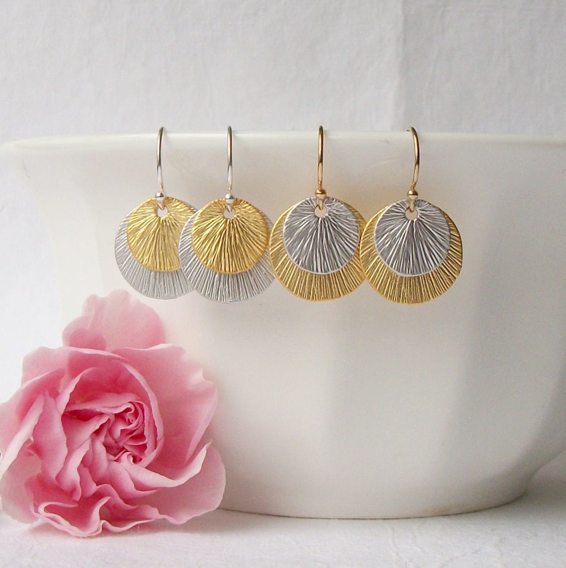 Silver Gold Disk Earrings, Disc Earrings image 1