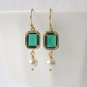 Emerald Green Pearl Dangle Earrings, Freshwater Pearl Earrings