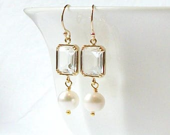 Freshwater Pearl and Crystal Dangle Earrings, Clear Crystal, Gold-Filled Wedding Jewelry