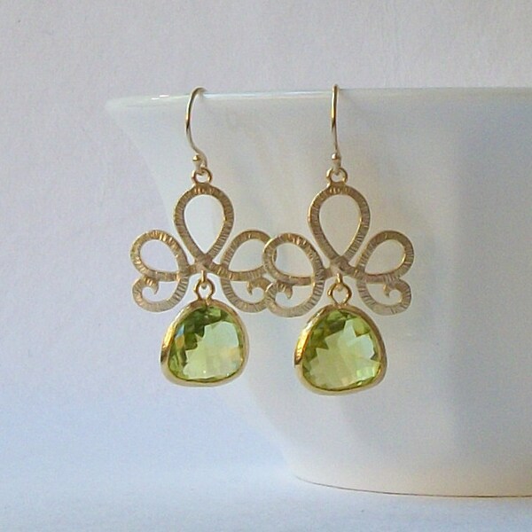 Green Crystal Drop Earrings, Light Green and Gold Dangle Earrings