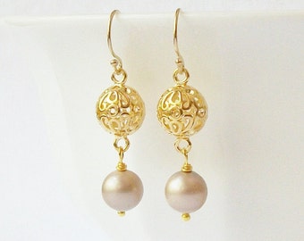 Pearl Drop Earrings, Beige Pearl Earrings, Pearl Jewelry