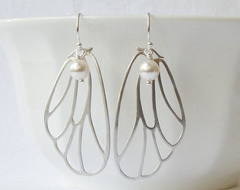Butterfly Silver Wing Pearl Earrings, Butterfly Wing Earrings