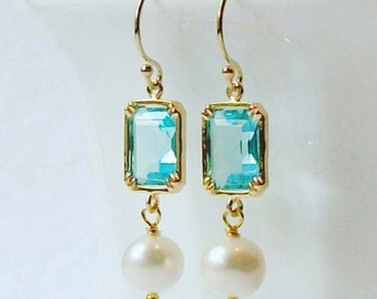 Aquamarine Blue Pearl Dangle Earrings, Freshwater Pearl Earrings, Birthstone Earrings, Mother's Day