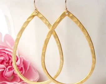 Gold Dangle Earrings, Hammered Teardrop Earrings