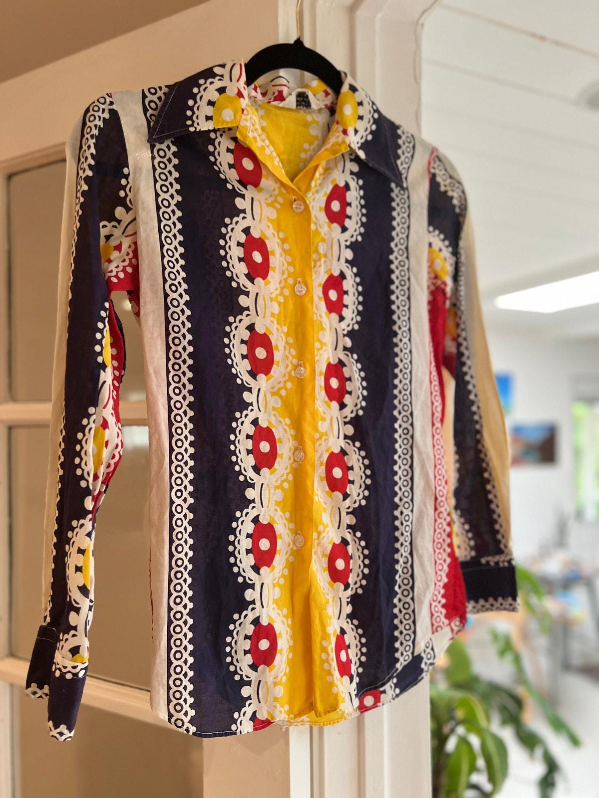Vintage 70s SSK Multicolor Button-Down Shirt – Dagger Collar (Size 8, fits XS)