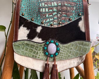 Vintage Cowhide Leather Bag with Turquoise Stones