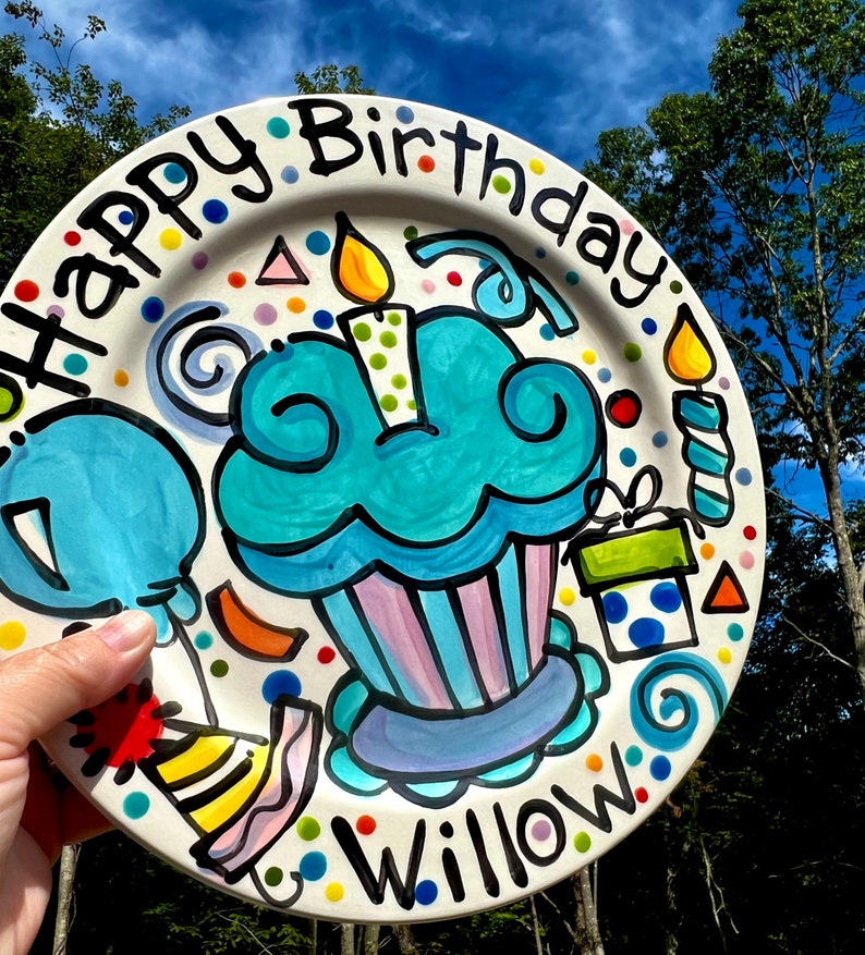 Handmade colorful custom ceramic Birthday Cake Plate Personalized party theme cupcake by Artzfolk image 3