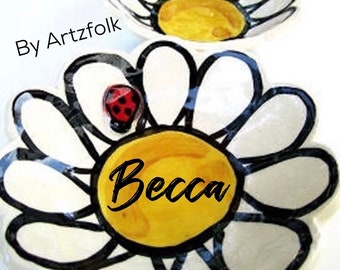 Handmade personalized flower daisy ladybug trinket dish bowl artzfolk