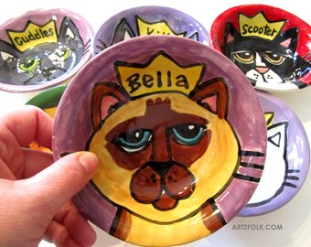 Whimsical custom Portrait small Ceramic Personalized Handmade Pottery Queen Kitty Cat Dish Bowl By Artzfolk