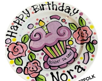 Personalized Birthday Plate confetti party swirls and flower candle cupcake  handmade by Artzfolk 7" or 10" favorites