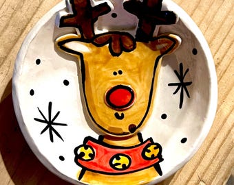 Christmas Reindeer treats handmade pottery bowl with Rudolph reindeer