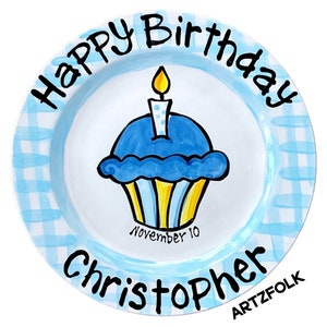 Custom Birthday baby Cake Plate Personalized ceramic cupcake and gingham check Artzfolk