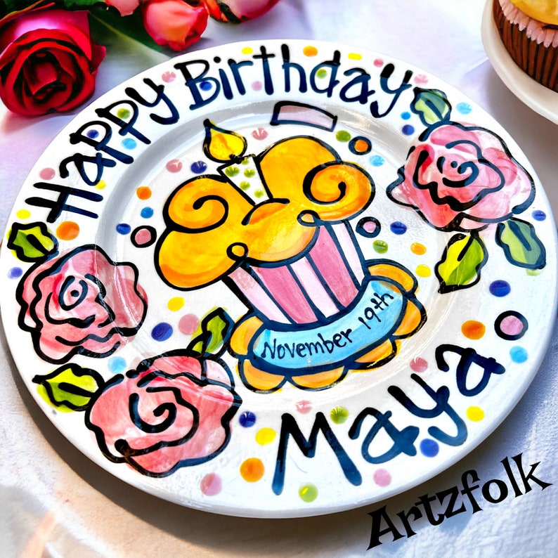 Small or Large handmade ceramic Celebrate happy birthday roses Party plate personalized name cupcake image 2