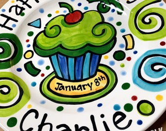 Happy Birthday cupcake celebration party personalized Plate custom ceramic by Artzfolk