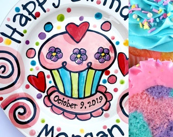 Personalised Birthday Plate confetti party swirls and flowers cupcake handmade by Artzfolk