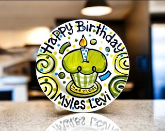 Happy Birthday custom handmade gingham checked personalized Plate ceramic plate