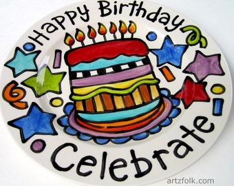 CUSTOM Large 13" Birthday Cake Plate platter Personalized Family name celebrate