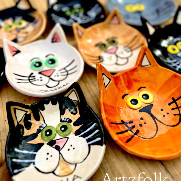 Personalized handmade ceramic cat dish