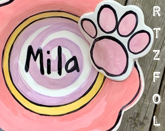 Personalized handmade ceramic pottery dog cat bowl with paw print, bone