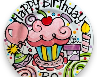 Handmade colorful custom ceramic Birthday Cake Plate Personalized party theme cupcake by Artzfolk