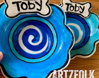 Custom Small Medium Dog Bowl handmade pottery personalized bone by artzfolk