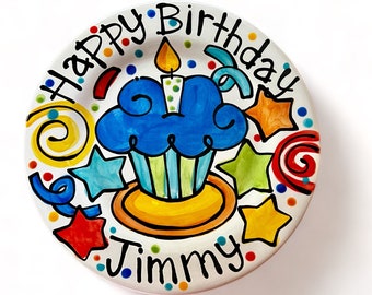 Small or Large handmade ceramic Celebrate happy birthday star Party plate personalized name cupcake